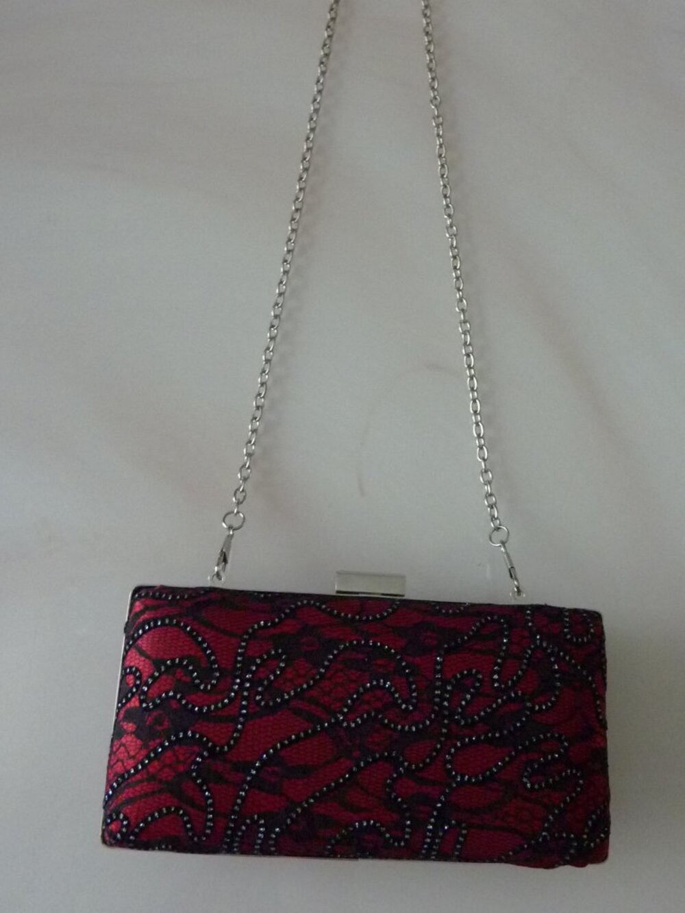 LULU TOWNSEND Red Satin Black Lace Hard Case handbag purse clutch Silver Chain - Picture 13 of 15